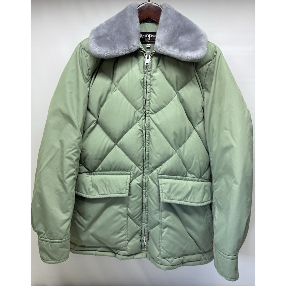 Tempco Jacket Mens 40 Green Quilted Goose Down Faux Fur Collar USA 80s Vintage